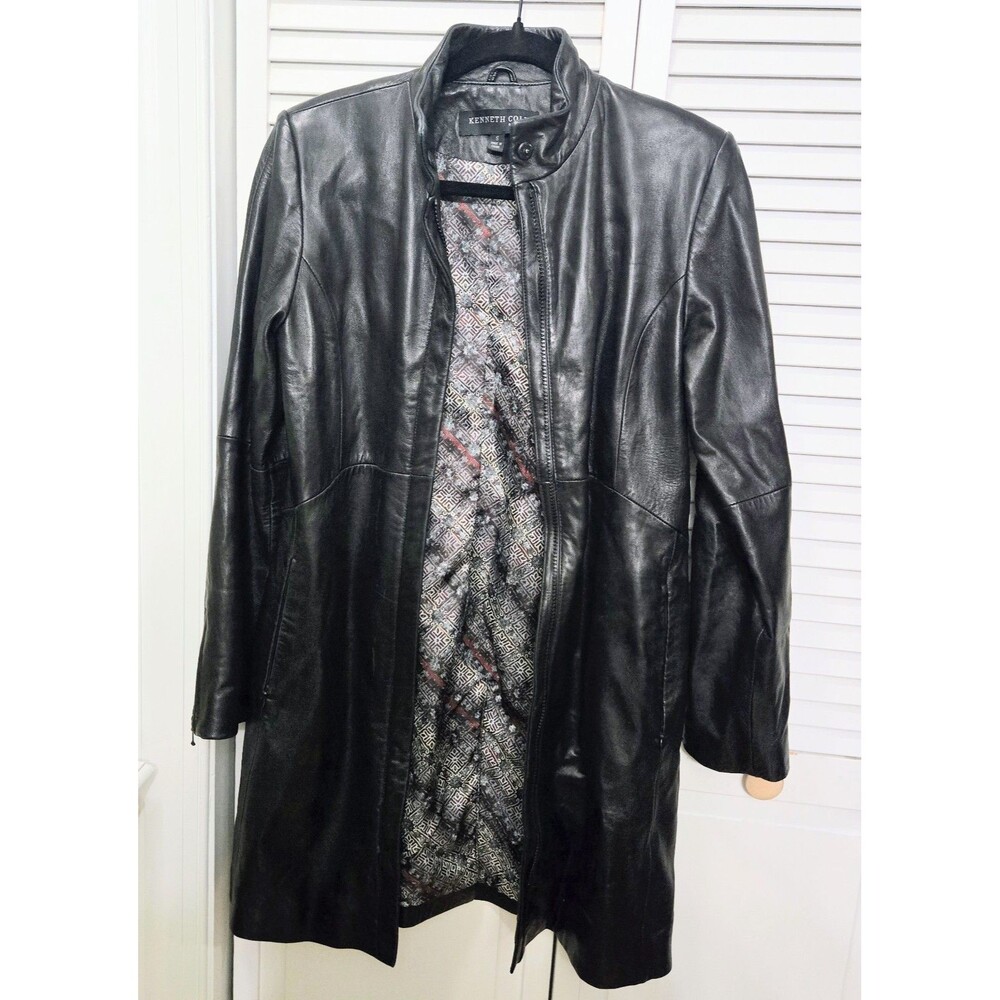 Ladies Vintage 90s Kenneth Cole Lined Black 100% Leather Trench Coat Size S